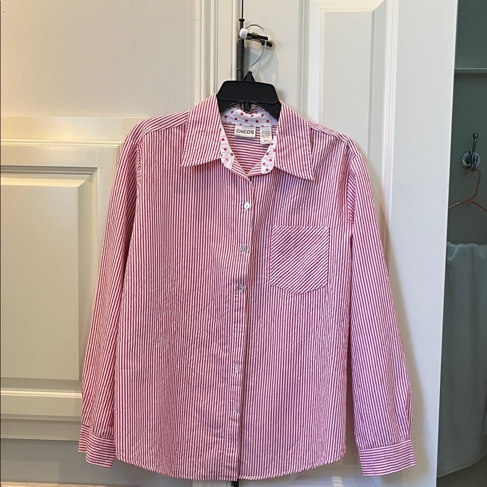 Chico's Red and White Striped Long Sleeve Shirt.